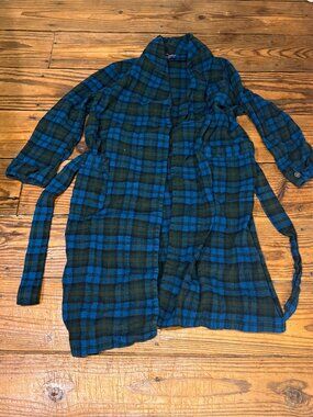 Vintage PENDLETON 100% Virgin Wool Blue Green Tartan Plaid Belted Robe 60/70s